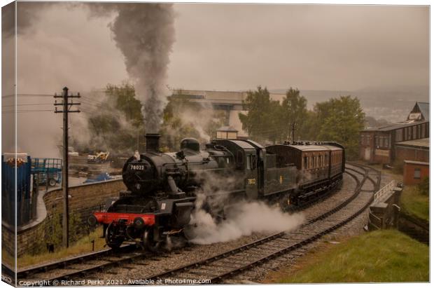 Steaming through the rain out of Keighley Canvas Print by Richard Perks
