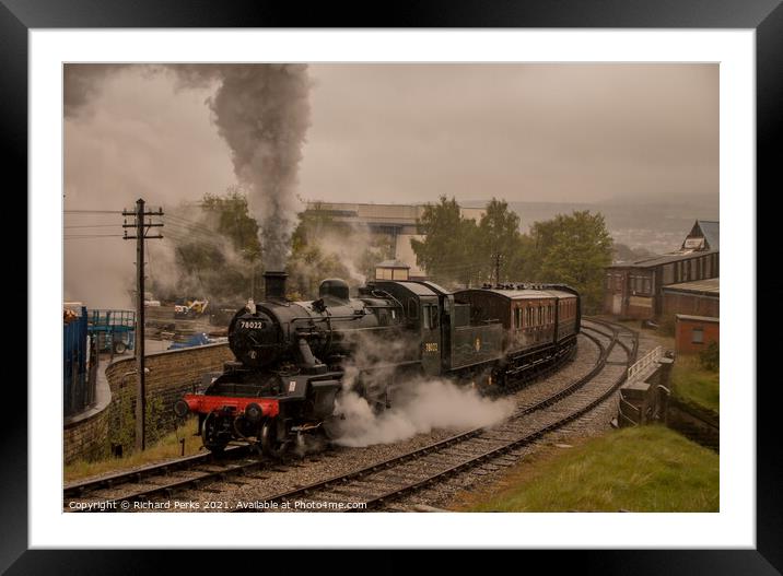 Steaming through the rain out of Keighley Framed Mounted Print by Richard Perks