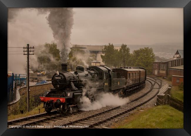 Steaming through the rain out of Keighley Framed Print by Richard Perks
