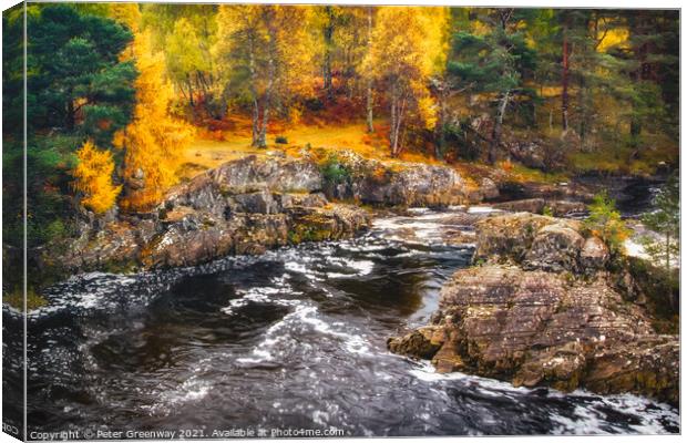 Little Garve Woodlands and river at Autumn, The Sc Canvas Print by Peter Greenway