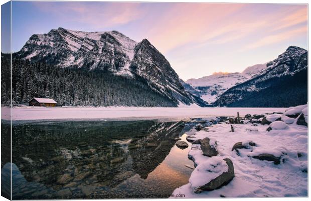 Lake Louise at Sunset in Winter, Banff National Park, Alberta, C Canvas Print by Shawna and Damien Richard
