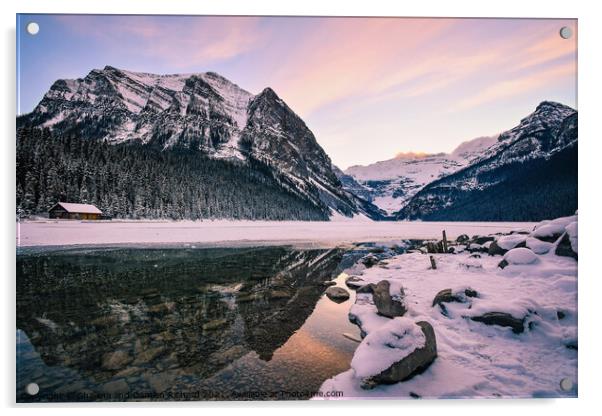 Lake Louise at Sunset in Winter, Banff National Park, Alberta, C Acrylic by Shawna and Damien Richard