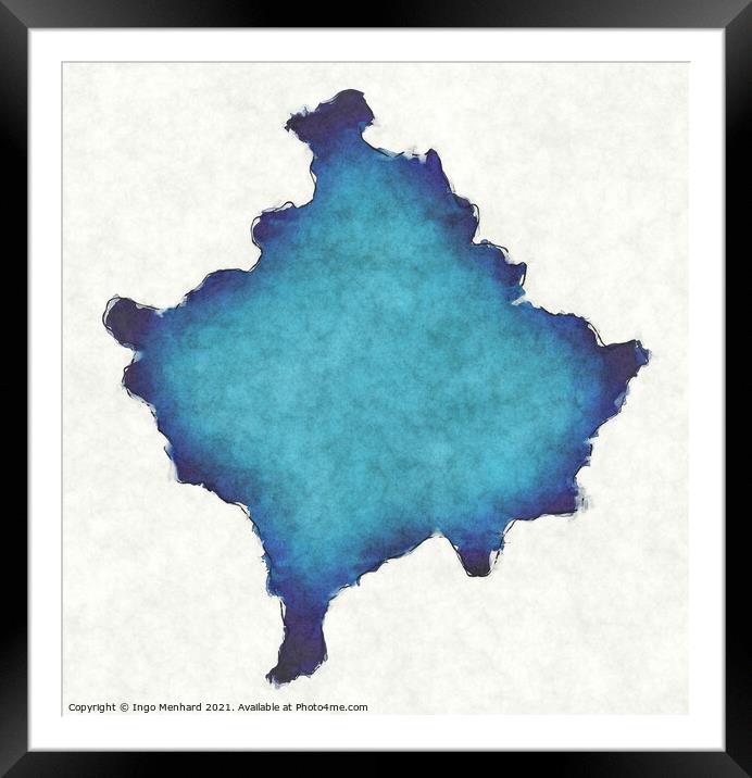 Kosovo map with drawn lines and blue watercolor illustration Framed Mounted Print by Ingo Menhard
