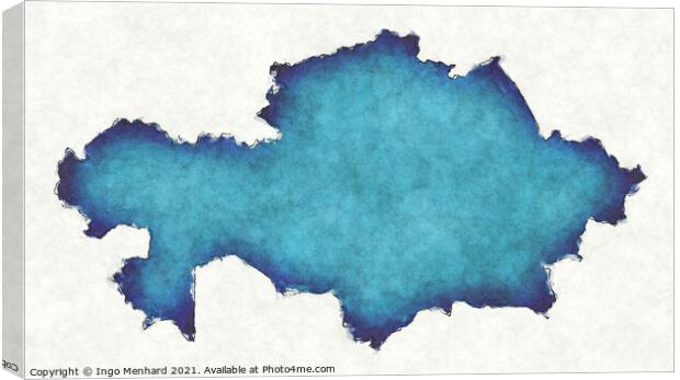 Kazakhstan map with drawn lines and blue watercolor illustration Canvas Print by Ingo Menhard