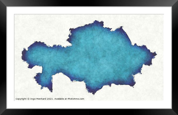 Kazakhstan map with drawn lines and blue watercolor illustration Framed Mounted Print by Ingo Menhard