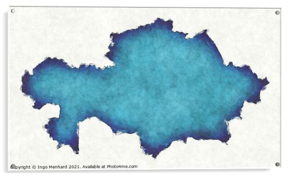 Kazakhstan map with drawn lines and blue watercolor illustration Acrylic by Ingo Menhard