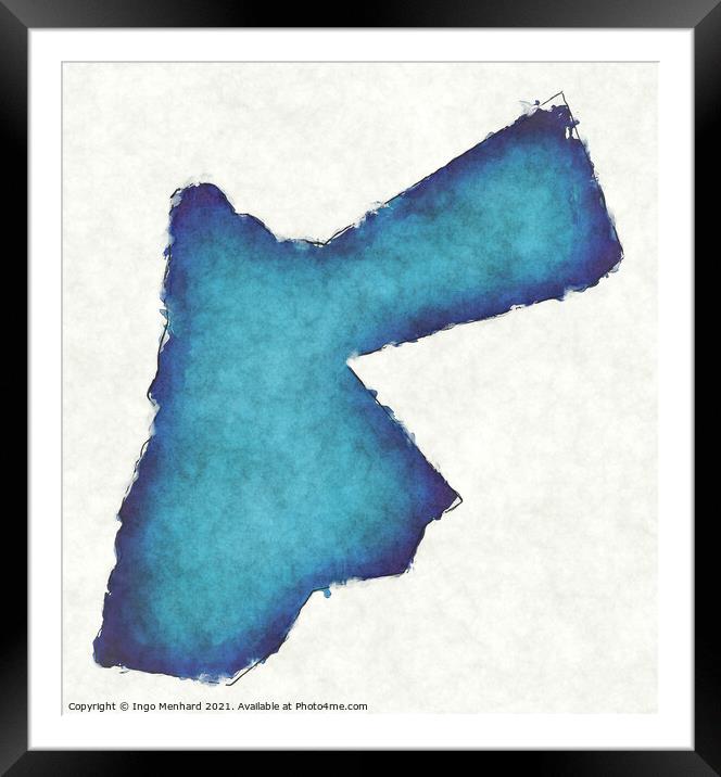 Jordan map with drawn lines and blue watercolor illustration Framed Mounted Print by Ingo Menhard