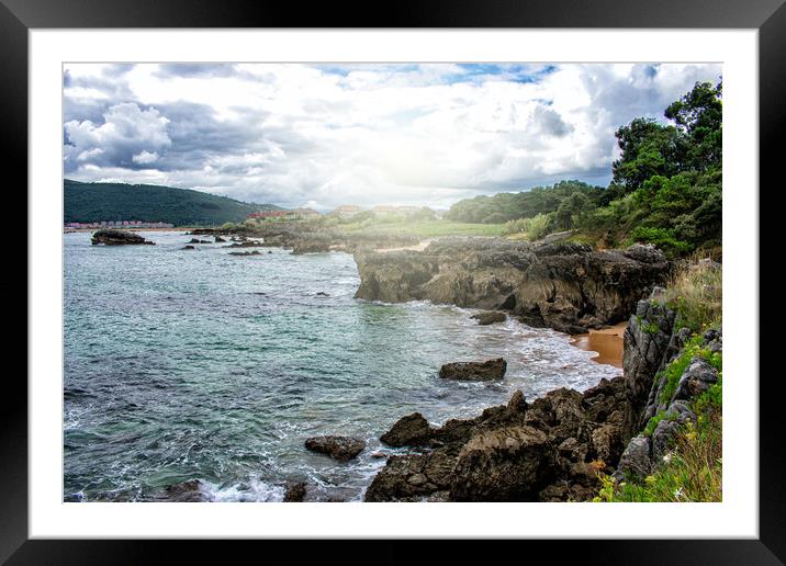 nice view of the sea coast with stones in the water Framed Mounted Print by David Galindo