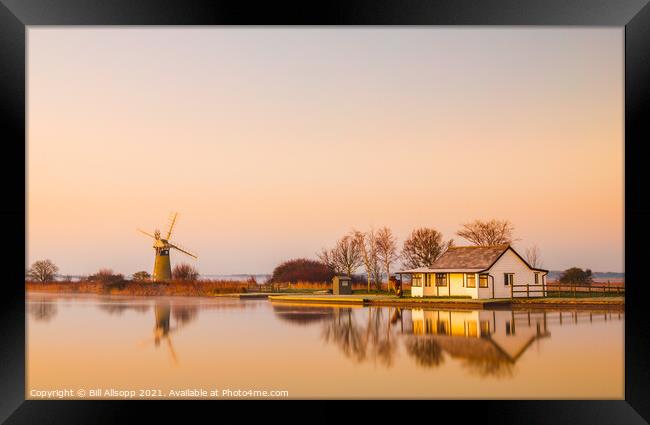 Golden dawn at Thurne with St. Benets Mill. Framed Print by Bill Allsopp