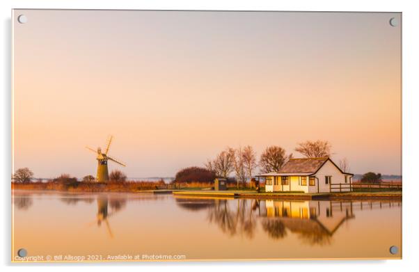 Golden dawn at Thurne with St. Benets Mill. Acrylic by Bill Allsopp