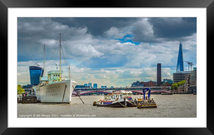 HMS Wellington with the Walkie Talkie and Shard. Framed Mounted Print by Bill Allsopp