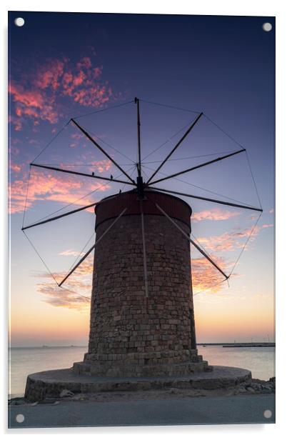 Rhodes Windmill Facade at Dawn Acrylic by Antony McAulay