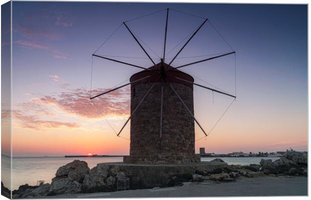 Rhodes Windmill Facade at Sunrise Canvas Print by Antony McAulay