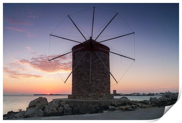 Rhodes Windmill Facade at Sunrise Print by Antony McAulay