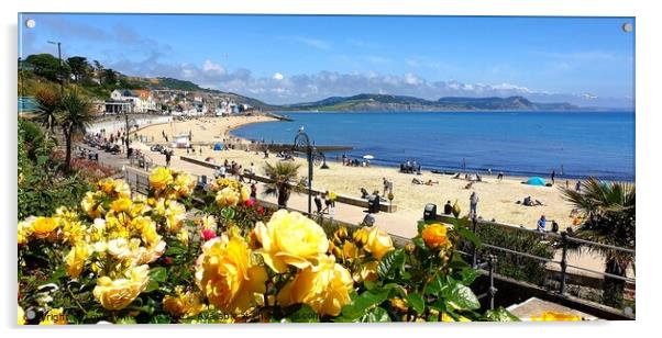 Roses in bloom overlooking Lyme Regis beach Acrylic by Love Lyme Regis