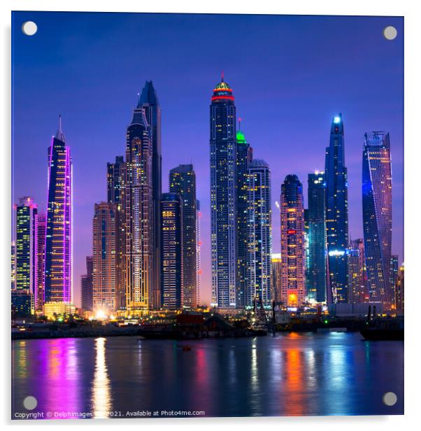 Dubai marina skyline illuminated at night, UAE Acrylic by Delphimages Art
