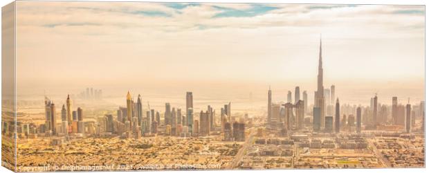 Dubai skyline panorama, aerial view at sunset Canvas Print by Delphimages Art