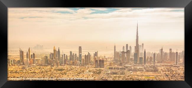 Dubai skyline panorama, aerial view at sunset Framed Print by Delphimages Art