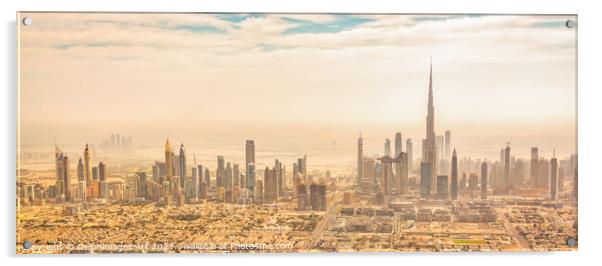Dubai skyline panorama, aerial view at sunset Acrylic by Delphimages Art