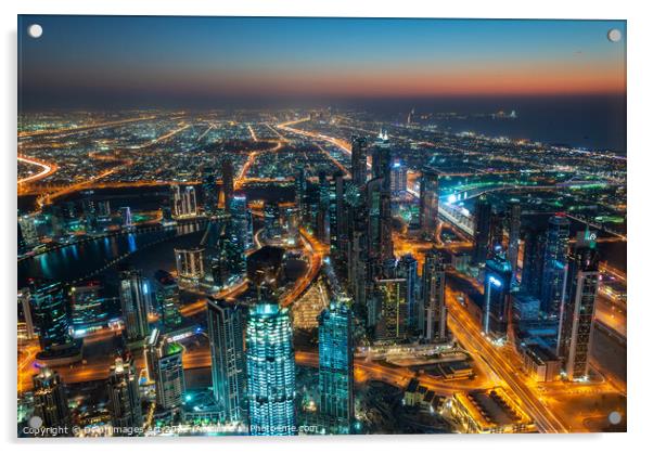 Dubai, city view from Burj Khalifa tower at night Acrylic by Delphimages Art