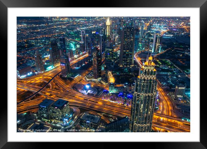 Dubai aerial view at night from Burj Khalifa tower Framed Mounted Print by Delphimages Art