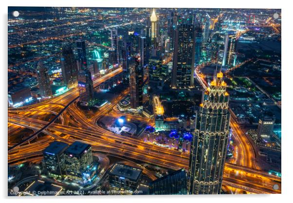 Dubai aerial view at night from Burj Khalifa tower Acrylic by Delphimages Art