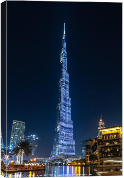 Dubai. Burj Khalifa tower at night, UAE Canvas Print by Delphimages Art