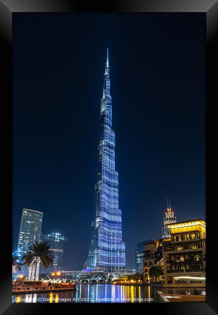 Dubai. Burj Khalifa tower at night, UAE Framed Print by Delphimages Art
