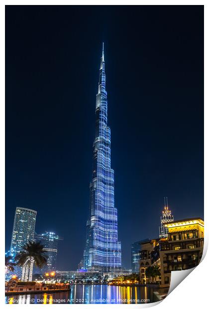 Dubai. Burj Khalifa tower at night, UAE Print by Delphimages Art