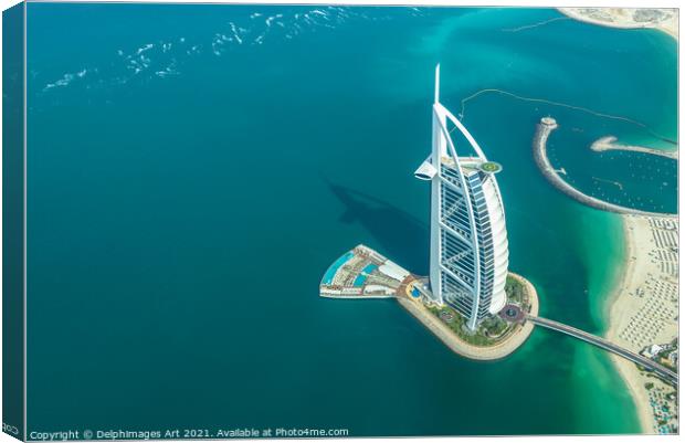 Dubai. Burj al Arab hotel aerial view, UAE Canvas Print by Delphimages Art