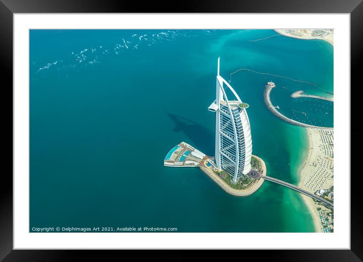 Dubai. Burj al Arab hotel aerial view, UAE Framed Mounted Print by Delphimages Art