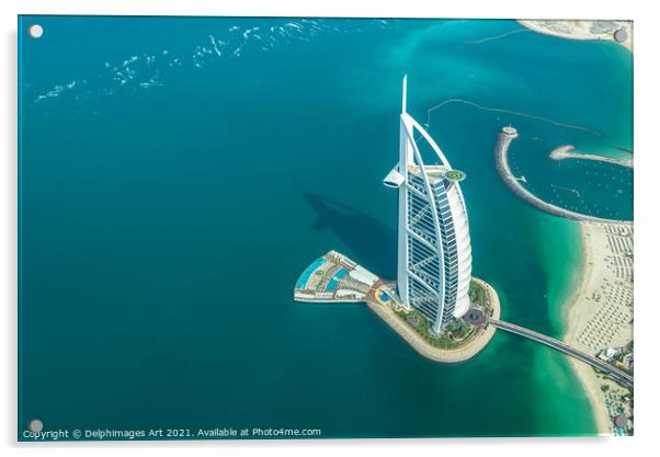 Dubai. Burj al Arab hotel aerial view, UAE Acrylic by Delphimages Art