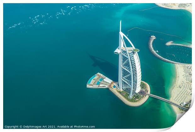 Dubai. Burj al Arab hotel aerial view, UAE Print by Delphimages Art