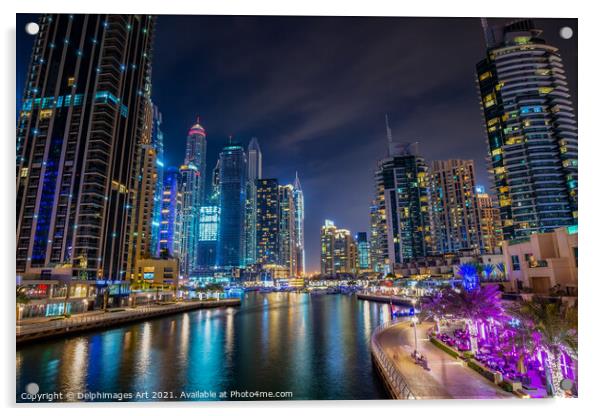 Dubai marina walk at night,  United Arab Emirates Acrylic by Delphimages Art