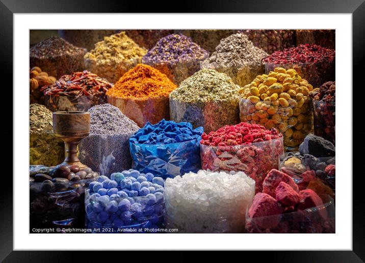 Colourful piles of spices in Dubai old souk, UAE Framed Mounted Print by Delphimages Art