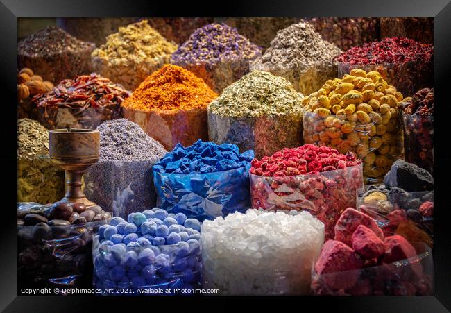 Colourful piles of spices in Dubai old souk, UAE Framed Print by Delphimages Art
