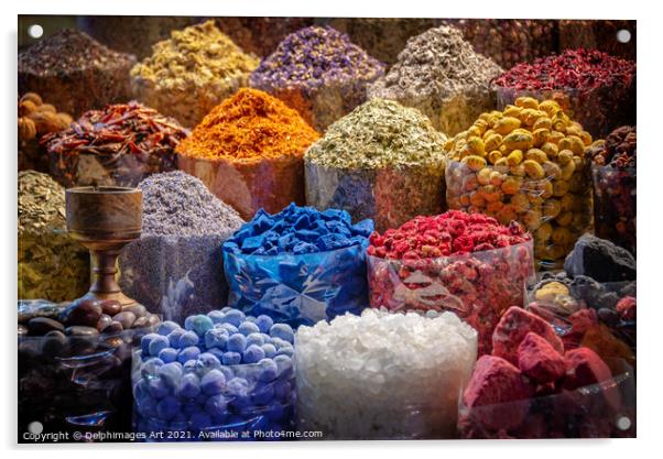 Colourful piles of spices in Dubai old souk, UAE Acrylic by Delphimages Art