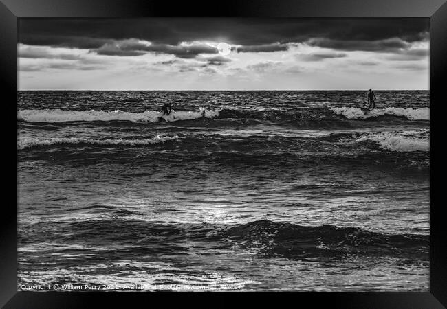 Black White Surfers Sunset La Jolla Shores Beach San Diego Calif Framed Print by William Perry