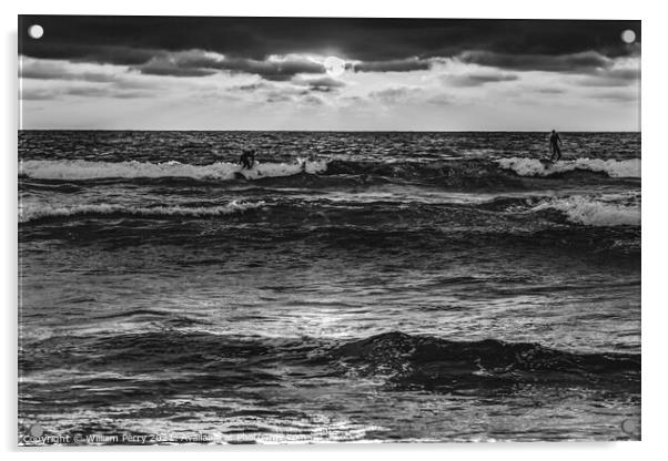 Black White Surfers Sunset La Jolla Shores Beach San Diego Calif Acrylic by William Perry