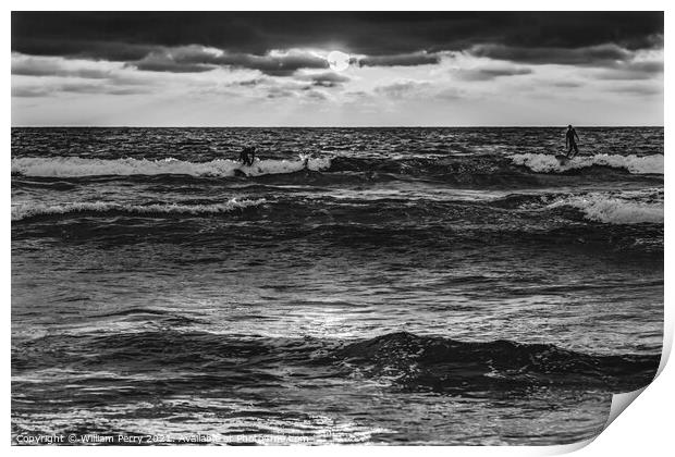 Black White Surfers Sunset La Jolla Shores Beach San Diego Calif Print by William Perry