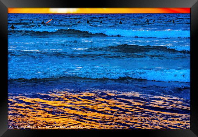 Surfers Sunset La Jolla Shores Beach San Diego California Framed Print by William Perry