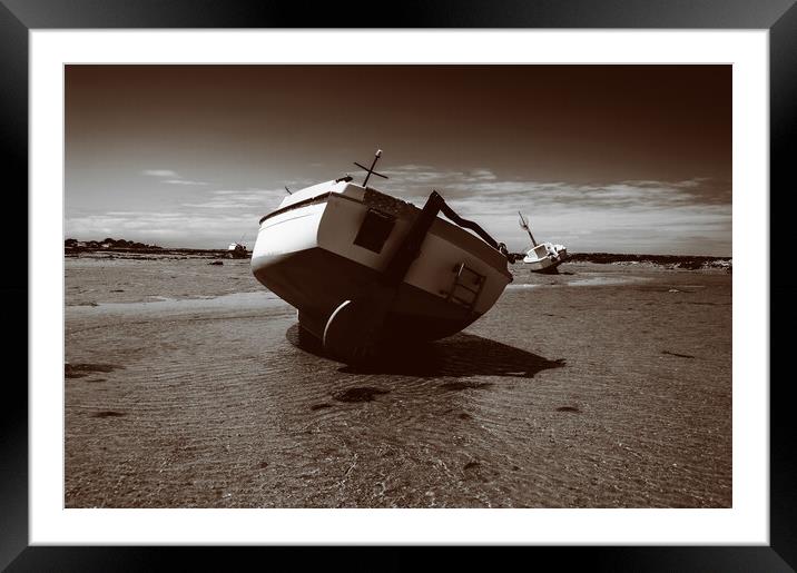sepia boat on sand Framed Mounted Print by youri Mahieu