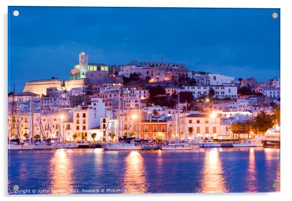 The old town of Dalt Vila at night, Ibiza town, Spain. Acrylic by Justin Foulkes