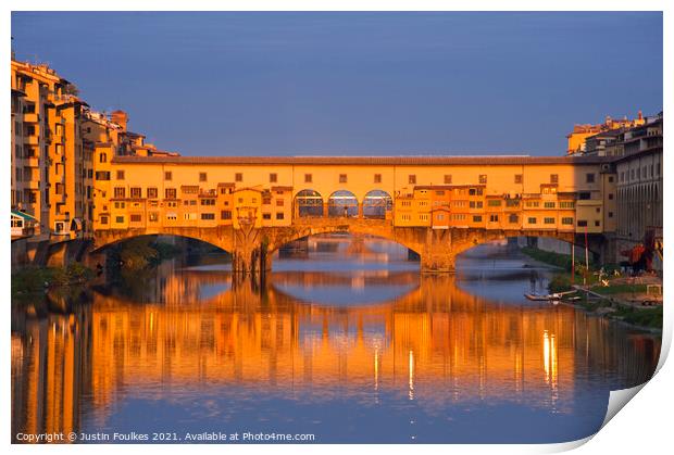 Ponte Vecchio at sunrise, Florence, Italy Print by Justin Foulkes