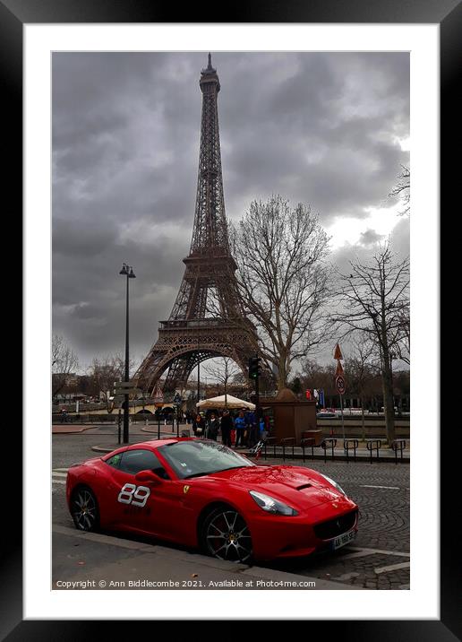 Red Ferrari in front of the Eiffel Tower Framed Mounted Print by Ann Biddlecombe
