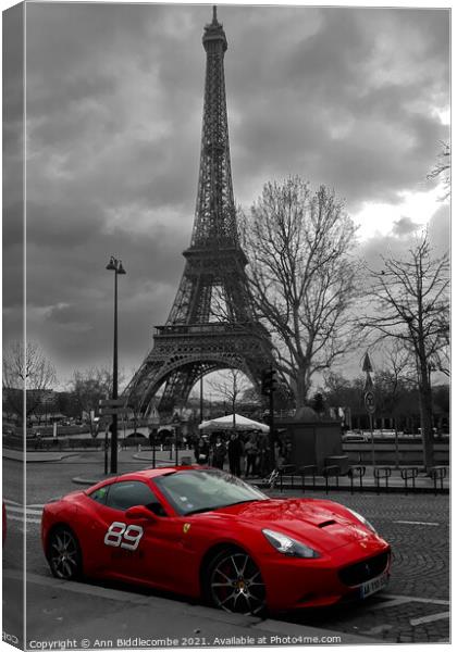 Beautiful Ferrari in front of the Eiffel Tower Canvas Print by Ann Biddlecombe