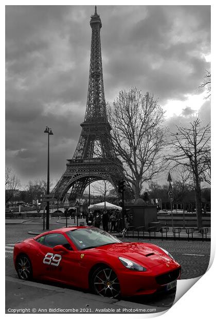 Beautiful Ferrari in front of the Eiffel Tower Print by Ann Biddlecombe