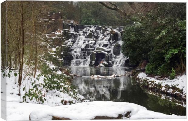 Snow covered Winter Cascades at Virginia Water. Canvas Print by Dave Williams