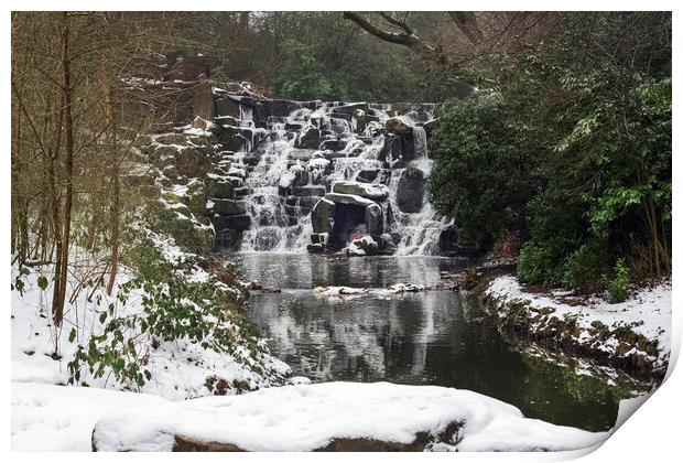 Snow covered Winter Cascades at Virginia Water. Print by Dave Williams