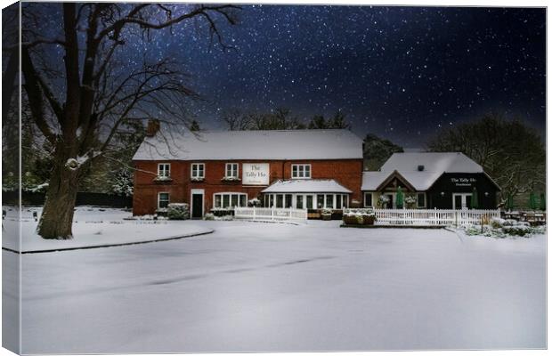 Snow and Star Covered Pub and Restaurant Canvas Print by Dave Williams